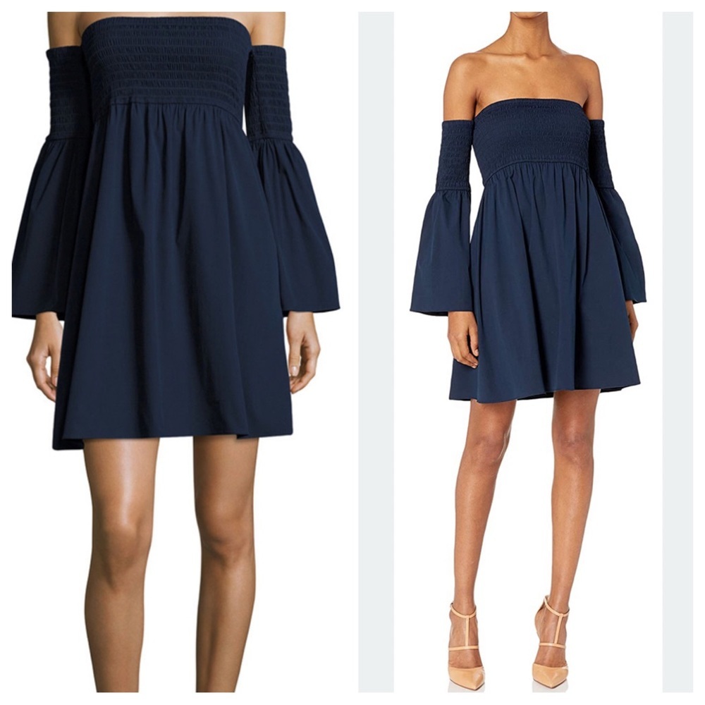 Milly Jodi Smocked Off-the-Shoulder Poplin Dress, Navy